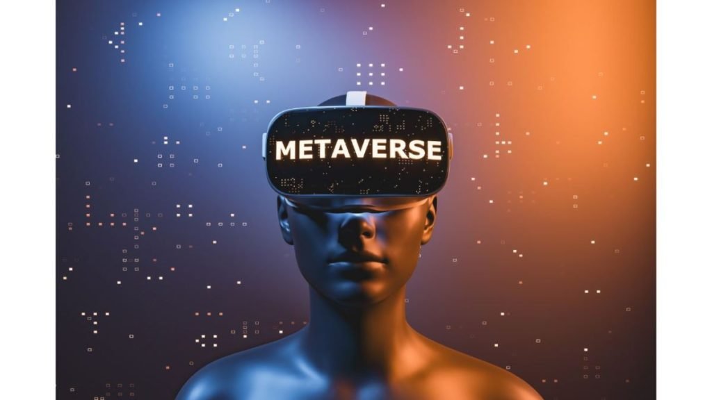 Mulher com óculos de realidade virtual no metaverso