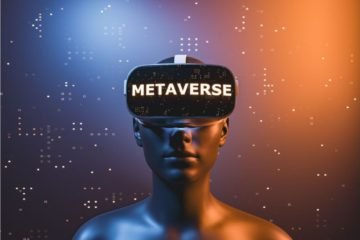 Mulher com óculos de realidade virtual no metaverso